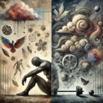 Deze door AI gegenereerde afbeelding symboliseert onbalans zowel in fysieke als in mentale zin, met een vleugje hoop.