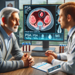 This image goes with my blog about Prostate Cancer. In the image, we see an older man in conversation with a doctor in a medical consultation room. The doctor is explaining prostate health, while a digital screen behind them displays an MRI scan of a prostate with highlighted suspicious areas. A PSA blood test kit is visible on the desk. The facial expressions and body language of both individuals convey a professional and informative atmosphere, emphasizing the importance of early detection of prostate cancer.