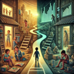 This AI-generated image illustrates my blog about “opportunities.” It highlights the contrast between opportunity and inequality, with a child in a warm, supportive environment on one side and a child struggling with poverty on the other. The path between them symbolizes the different life trajectories and systemic barriers.