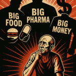An AI-generated image powerfully portraying the influence of Big Food, Big Pharma, and Big Money on our health span.