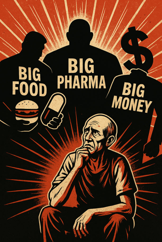 An AI-generated image powerfully portraying the influence of Big Food, Big Pharma, and Big Money on our health span.