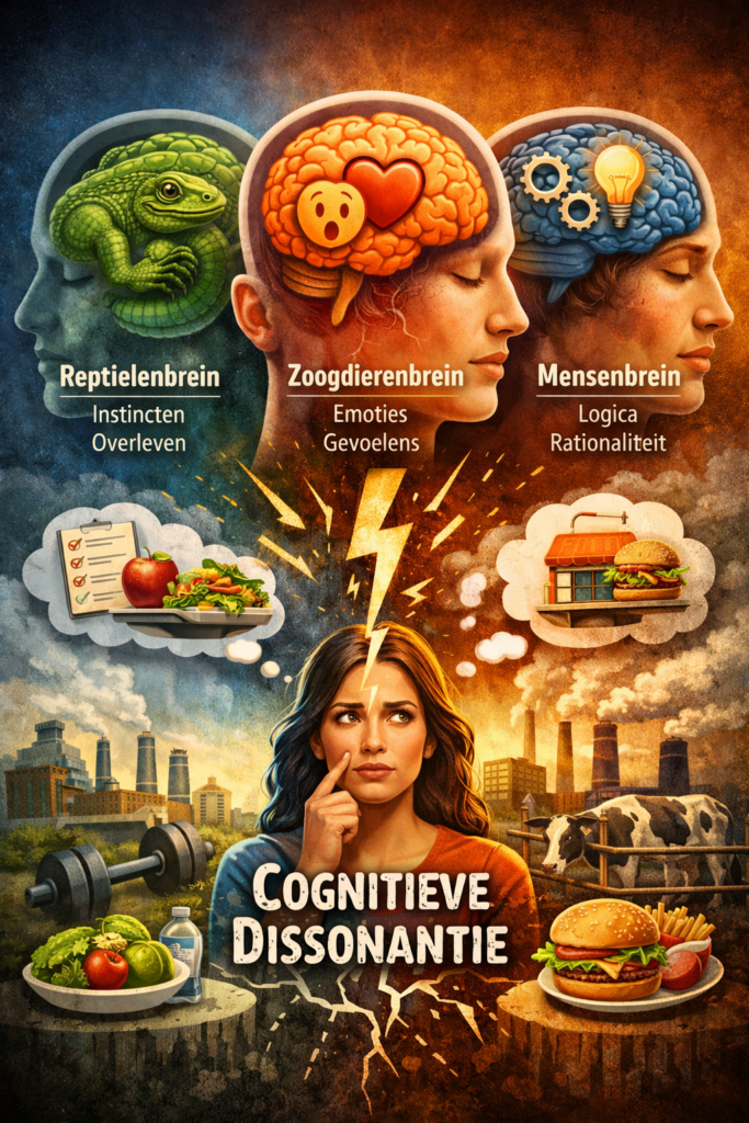 Een door AI gegenereerde afbeelding over het driebreinenmodel en cognitieve dissonantie.