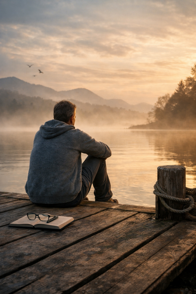 Deze door AI gegenereerde afbeelding van een man aan de waterkant past heel goed bij mijn blog over kwetsbaarheid.