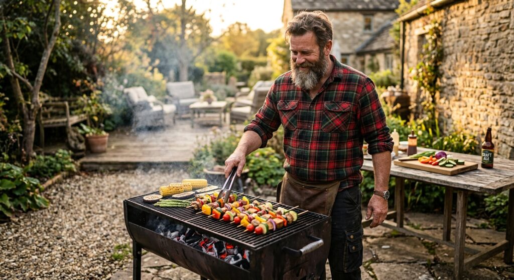 A real man with board grilling plant-based skewers, corn on the cob, and vegetables on a charcoal barbecue in a garden.